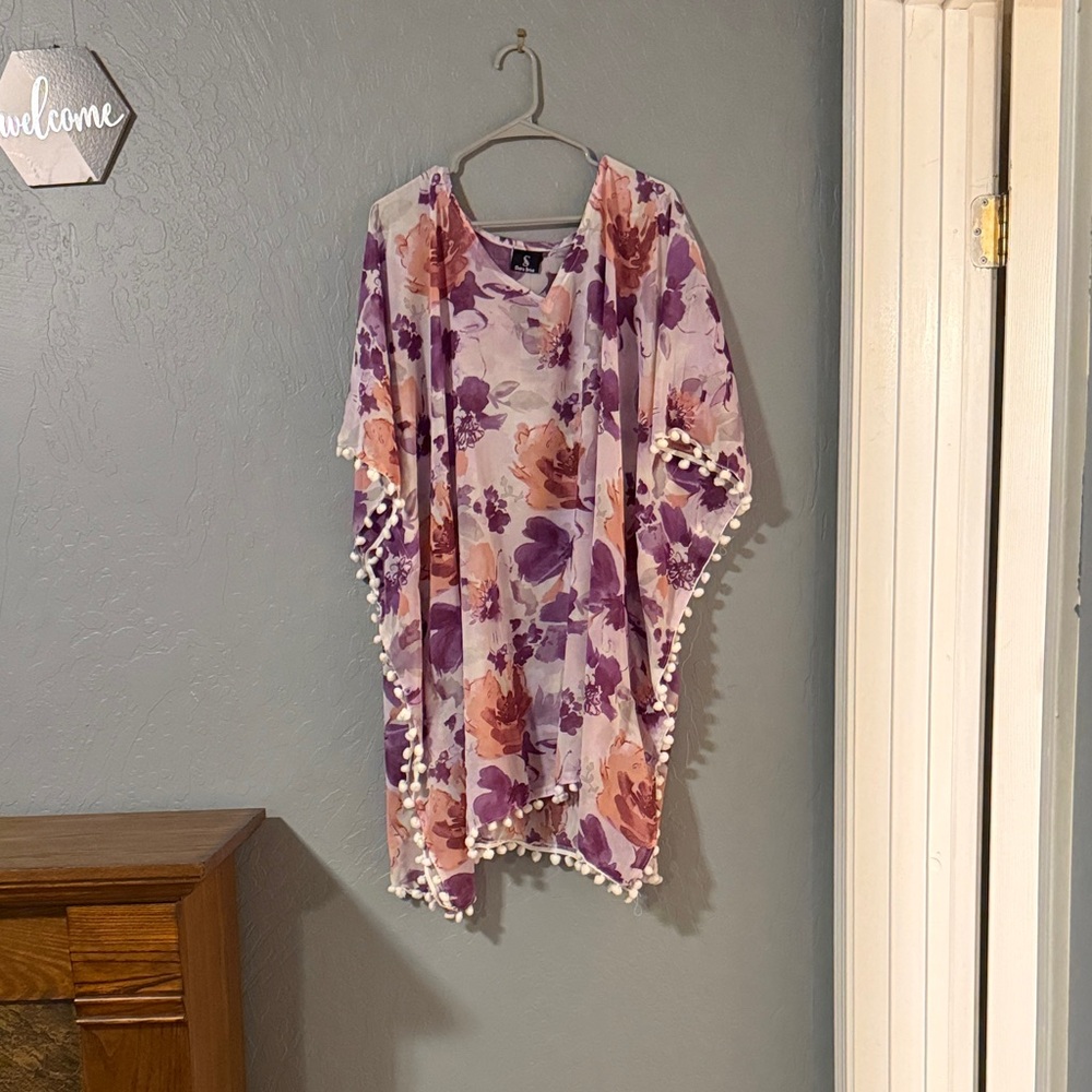 Floral V-Neck Coverup with Pom Pom Trim